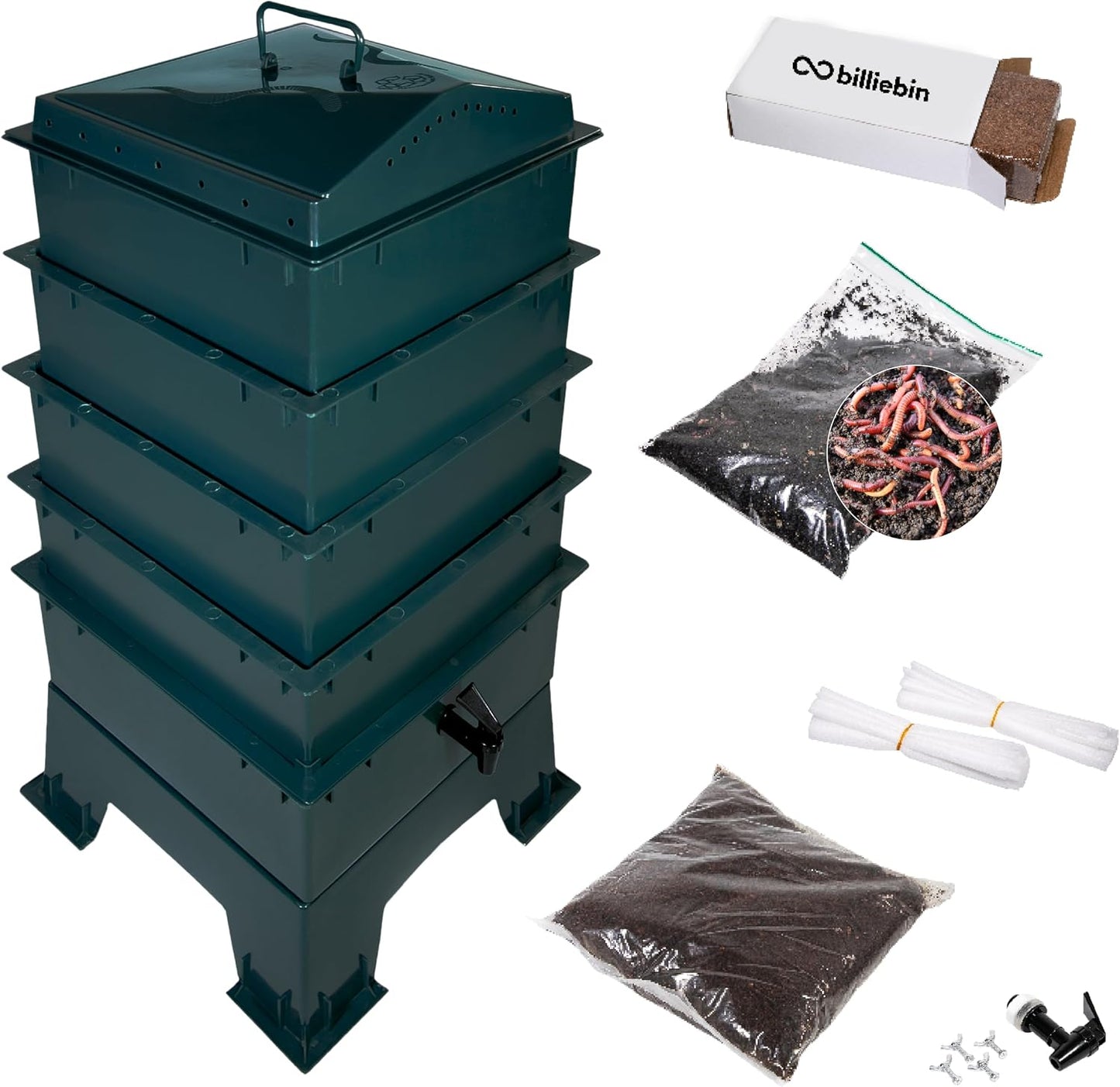 Billiebin Wormcomposter 4 Etages – Startset met Compostwormen, Kokossteen en Substraat – 40 x 40 x 80 cm – Groen