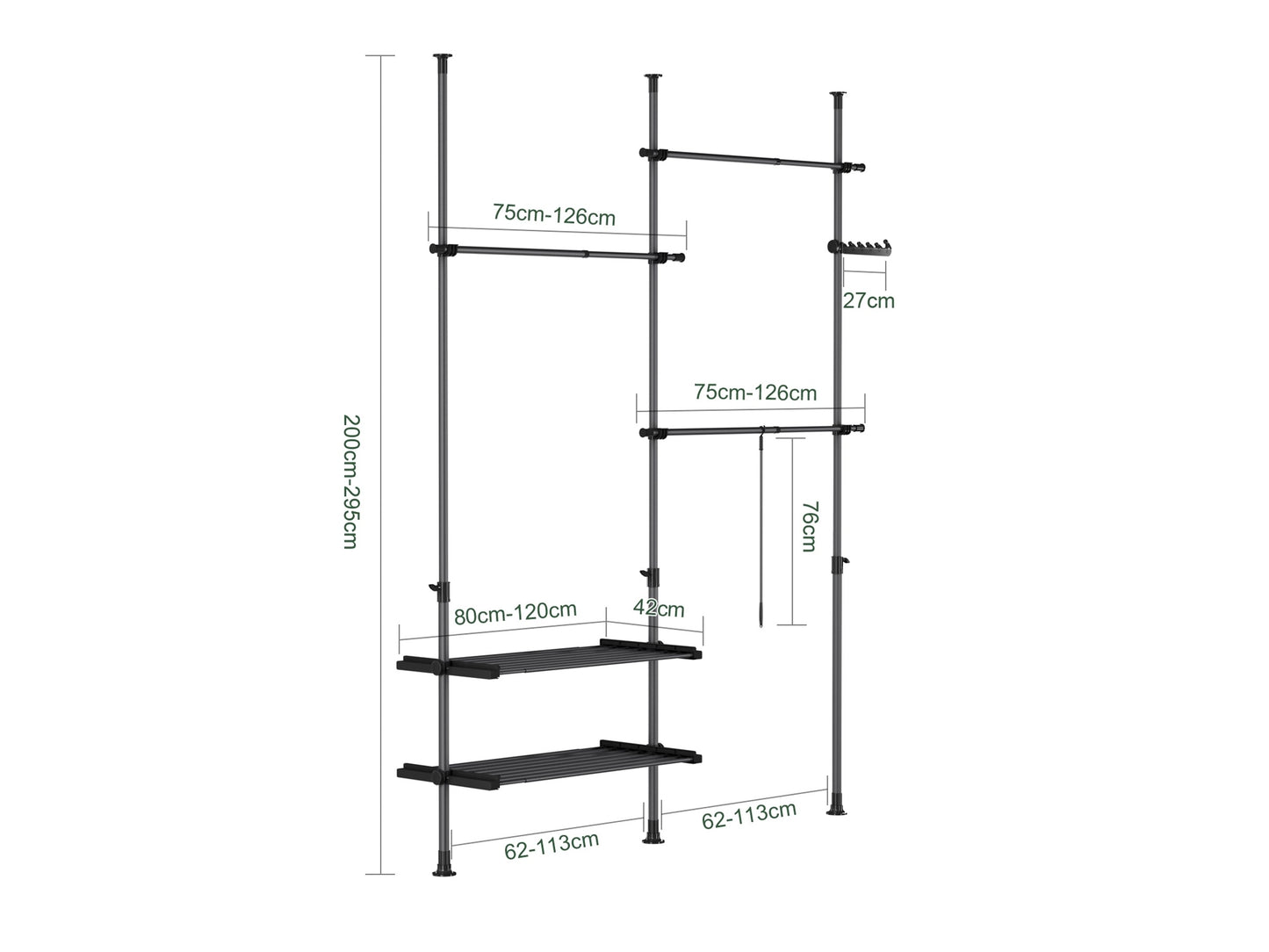 SoBuy Telescopische Vloerhanger – Verstelbare Open Garderobe – Inclusief Stangen en Planken – Zwart