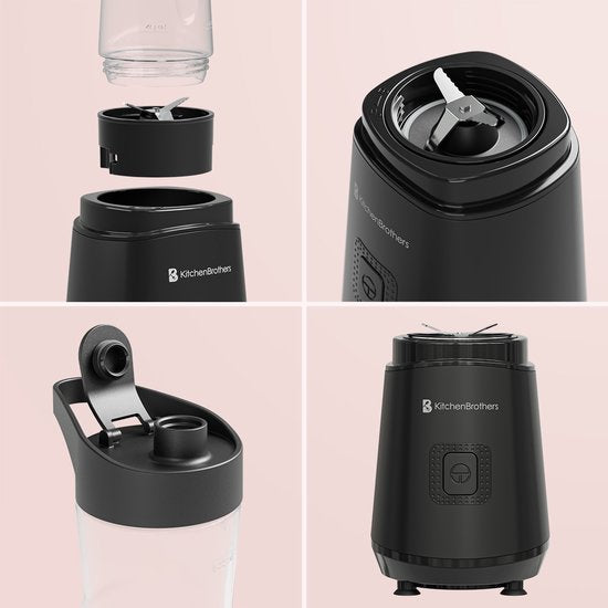 KitchenBrothers Mini Blender - Blender to Go - Smoothie Maker - 2 To-Go Bekers 600 ml - Zwart
