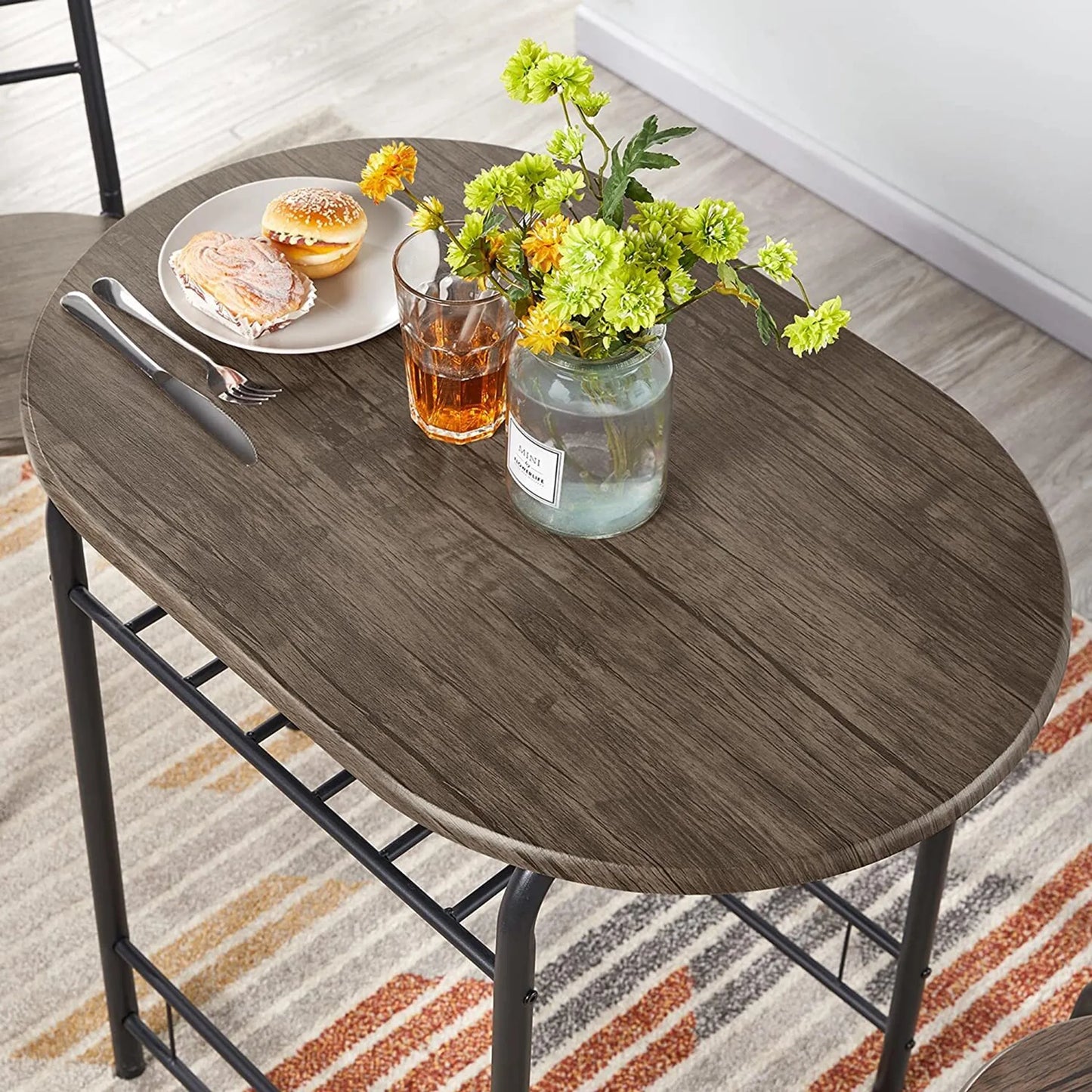 Yaheetech Eethoek Set Van 3 – Voorzien Van Tafel Met 2 Stoelen En Verstelbare Opbergplank En Waterafstotende Coating – Voor Keuken En Eetkamer – Drijfhoutbruin Metaal En MDF – 80 x 53 x 73,5 cm