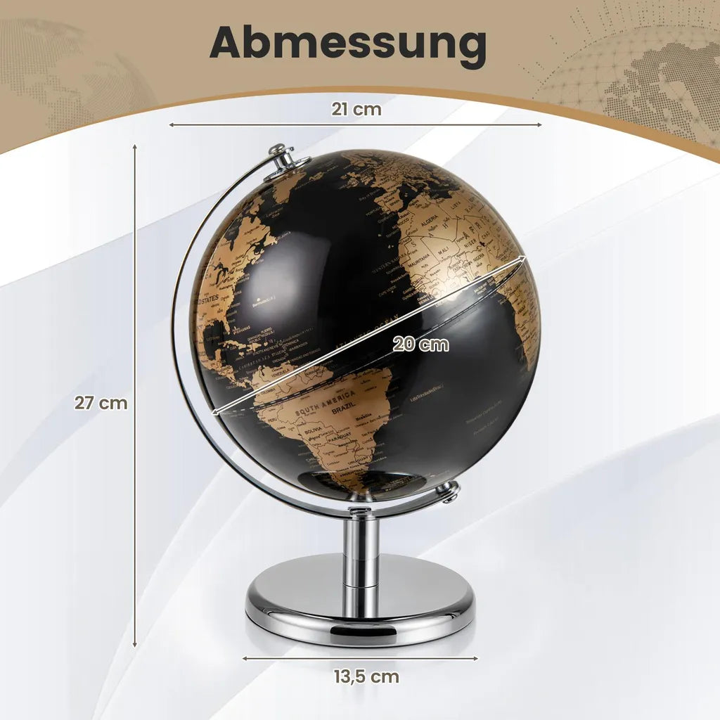 Coast Wereldbol 20 cm - Zwart/Goud - 360° Draaibaar - Met Metalen Standaard - 21 x 21 x 27 cm