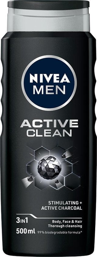 NIVEA MEN Active Clean Douchegel - 3-in-1 Shower Gel Met natuurlijk actief houtskool - Shampoo - Voordeelverpakking - 6 x 500 ml