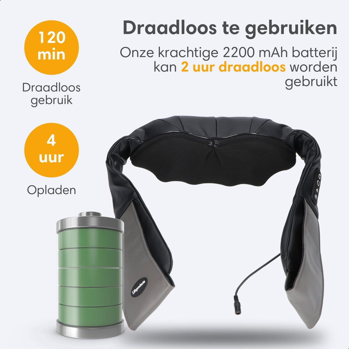 Lifeproducts Shiatsu Massagekussen- Draadloos -  Verwarmd Nek- en Rugmassagetoestel - Snoerloos - Zwart
