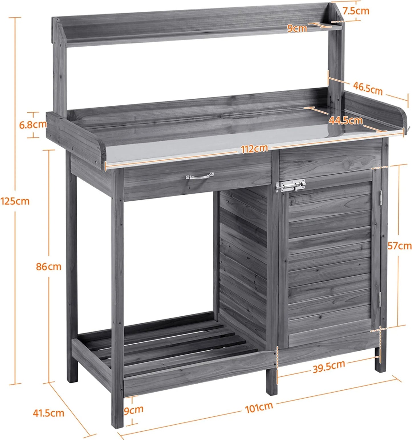 Yaheetech Oppottafel Tuintafel – 101 x 46,5 x 125 cm – Gegalvaniseerd Metalen Werkblad - 3 Zijhaken - Verwijderbare Zijpanelen – Grijs Vurenhout - Metaal
