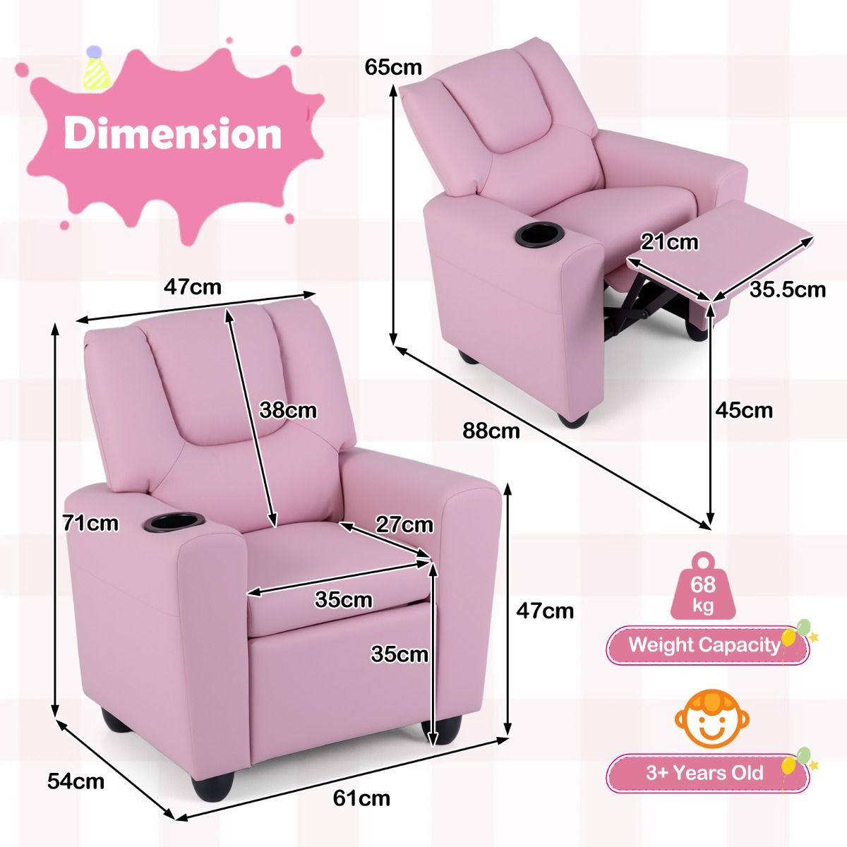 Coast Kinderfauteuil met relaxfunctie - verstelbare rugleuning en voetsteun - bekerhouder - roze