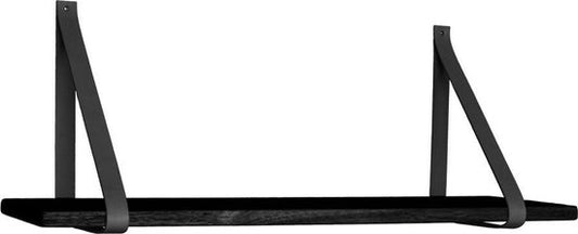 Zwarte wandplank met leren riemen - 120x20 cm - House Nordic - Woonkamer - Zwart - rubber; Echt leder - Woonkamer - Op voorraad