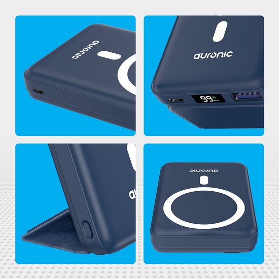 Auronic Powerbank - 10000 mAh - Geschikt voor iPhone 12/13/14/15 en MagSafe - 22.5W - Draadloos opladen - Blauw