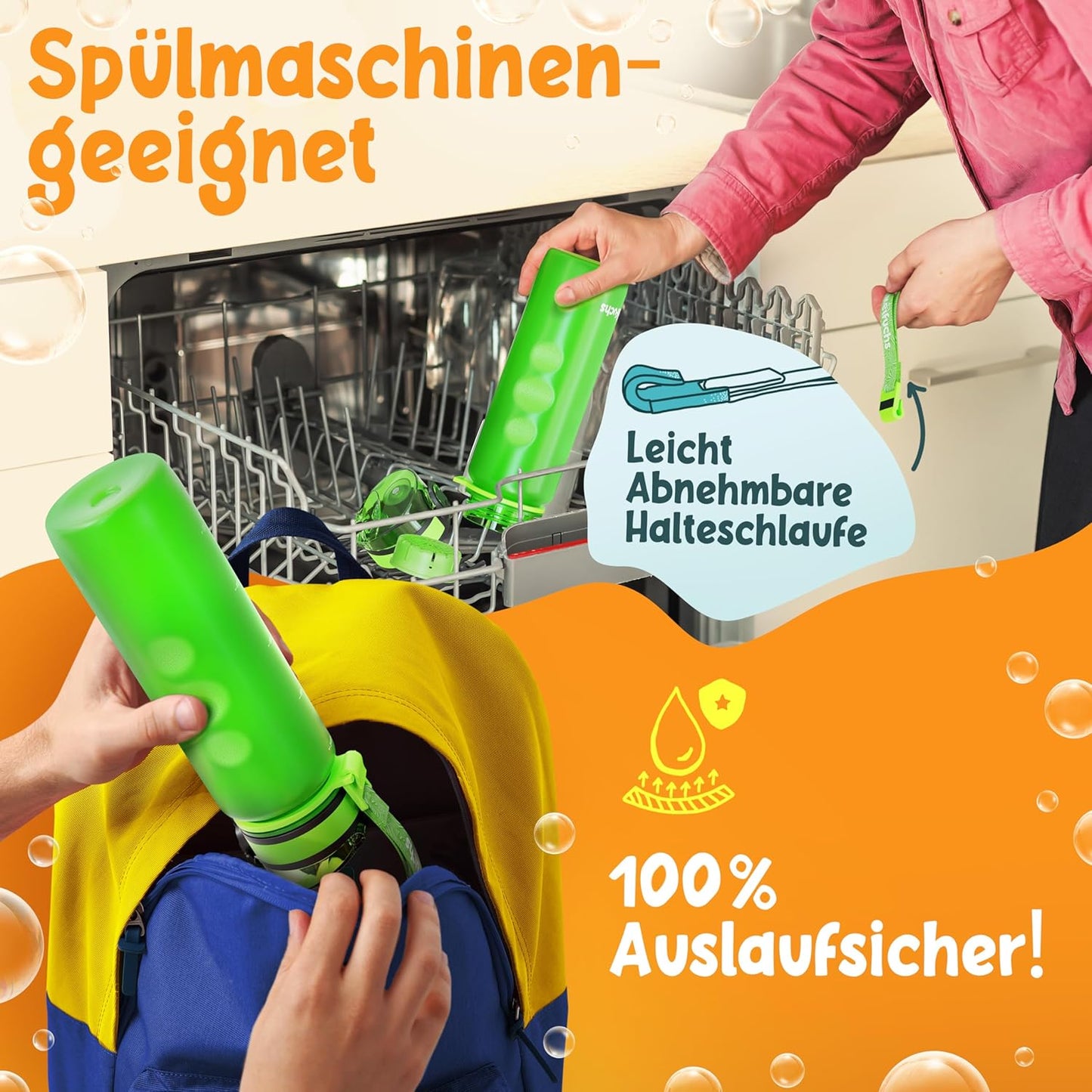 Funkelfuchs® - Drinkfles voor kinderen - 500ml, groen - koolzuurhoudend - 100% lekvrij - waterfles vaatwasmachinebestendig - voor kleuterschool, school, sport