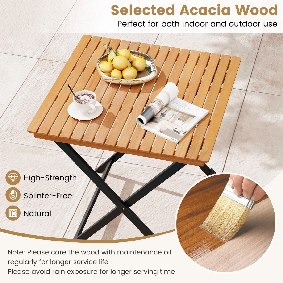 Coast Opklapbare Bijzettafel - X-vormig frame - Acaciahout - Naturel en zwart - 70 x 70 x 73 cm