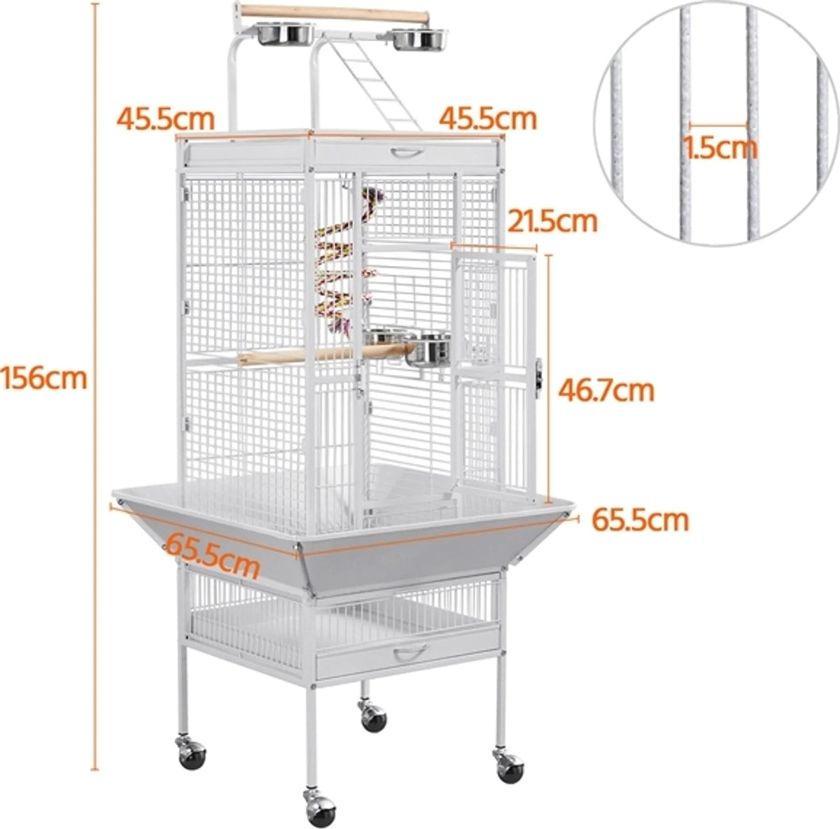 Yaheetech Papegaaienkooi Met Speelplateau – Voorzien Van Zaadvanger En Uitschuifbare Mestlades En Voerluikjes – Voor Valkparkieten En Papegaaien – Wit Poedergecoat IJzer – 65,5 x 65,5 x 156 cm