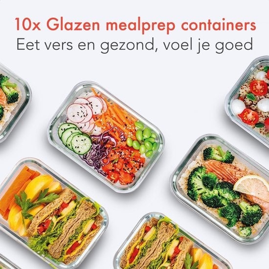 KitchenBrothers Glas Meal Prep Set – 10 stuks: 5×1 Liter & 5×370 ml Bewaarbakken
