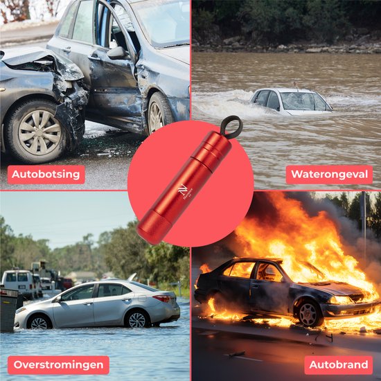 Nuvance - Veiligheidshamer - Noodhamer - Incl. Zelfklevende Houder en Testglas - Lifehammer - Gordelsnijder - Auto Hamer - Veilig Onderweg - Rood