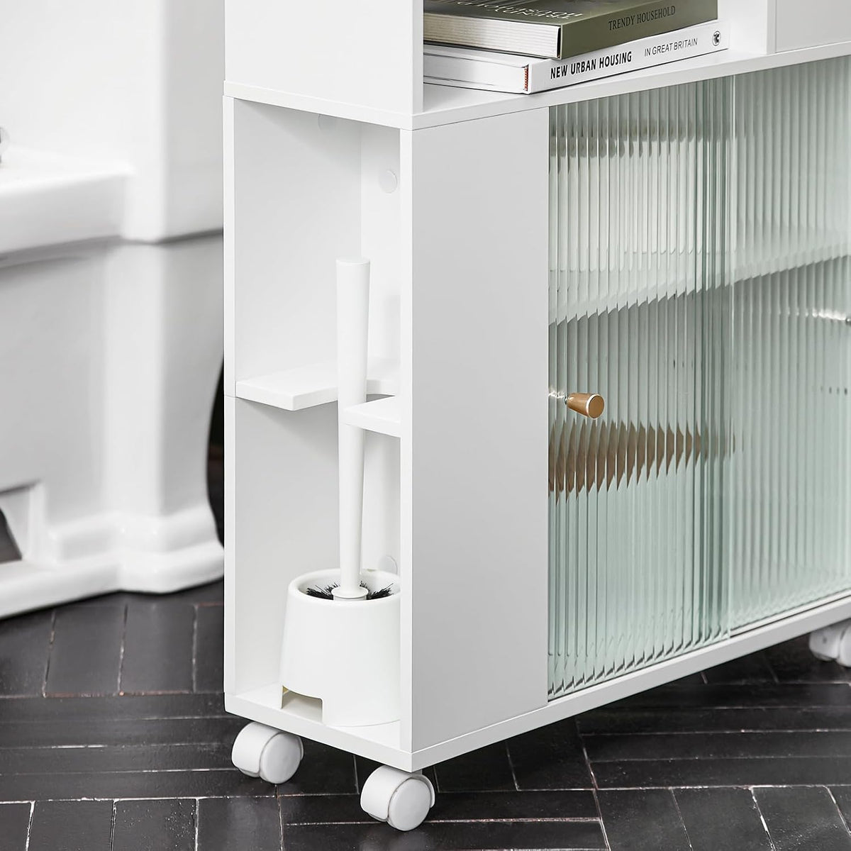 SoBuy Badkamer opbergkast op wieltjes met 2 deuren - 60x20x71 cm - Max. 45KG - Wit