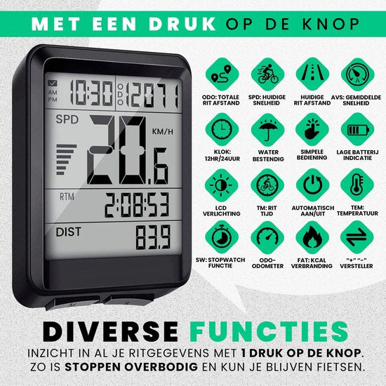 Strex Draadloze Fietscomputer - 17 Functies - Extra Groot Scherm - Draadloze Fiets Computer Draadloos Waterdicht - NL Handleiding