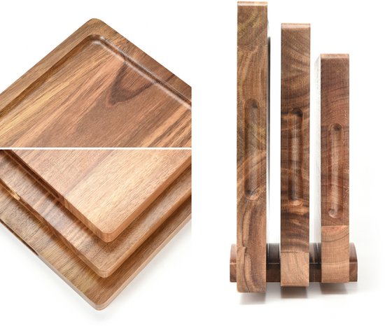Deleca 3x Snijplankenset Culina - Dikte 3 cm - Snijplanken (33x25 / 38x28 / 43x30 cm) - Met Houder - Voor Keuken, Serveerplank, Kaasplank, Borrelplank, Snijplank en Tapasplank - Acacia Hout