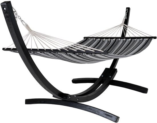 Hangmat Tripoli met Larikshouten Frame – Grijs/Zwart – 320 cm – Katoen & Polyester – Luxe Buitenlounger