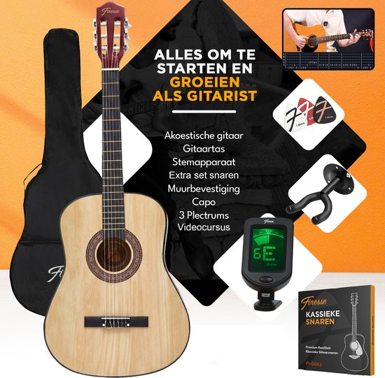 Finesse Akoestische Gitaar - met Videocursus - Nylon Snaren - Klassieke Gitaar - Spaanse Gitaar - Kind - Volwassenen - Naturel