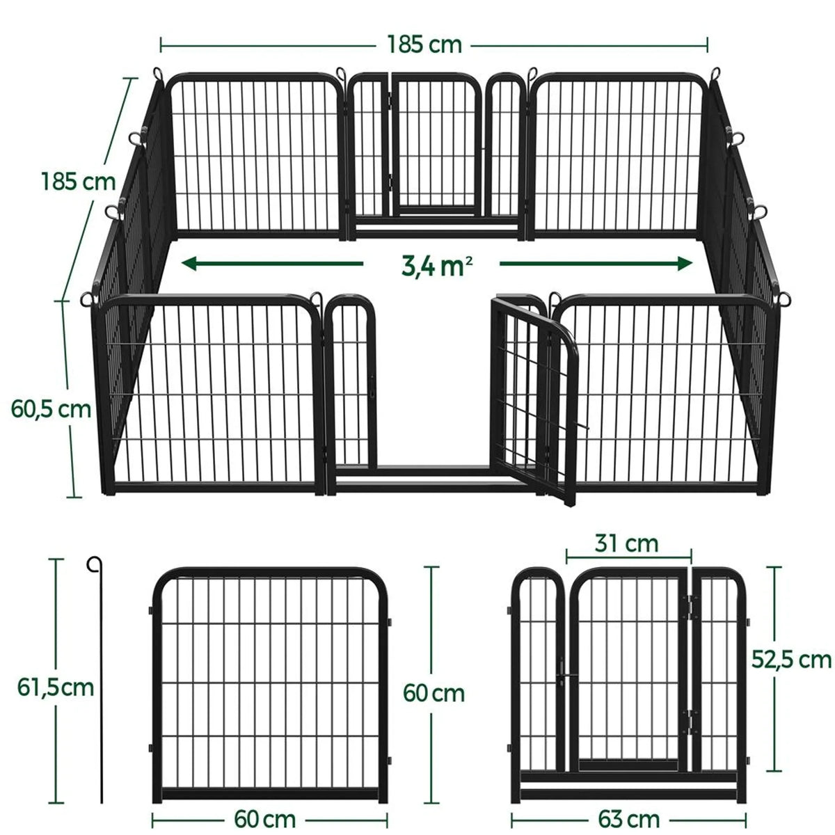 Yaheetech Puppyren 12-delig – 246 × 122 × 60,5 cm – Zwart – Opvouwbaar met Deur