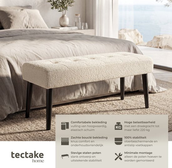 tectake® Gestoffeerd Bankje - 95 x 38 x 45 cm - Stikpatroon - Draagkracht 220 kg - Zitbank - Halbank - Bank voor Woonkamer, Slaapkamer, Bedeinde - Bouclé Crème