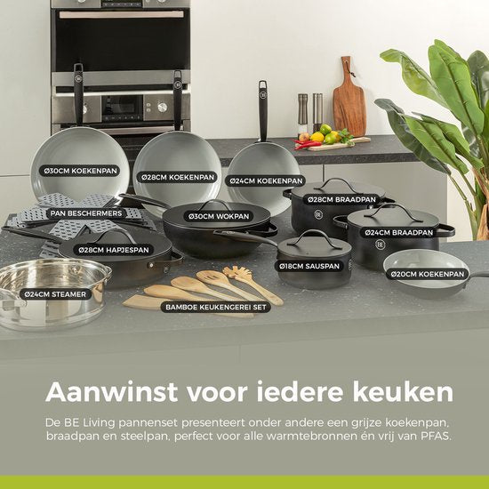 BE Living Essential Braadpan met Deksel - Ø 24 cm - Kookpan - Keramisch - PFAS vrij - Inductie - Zwart