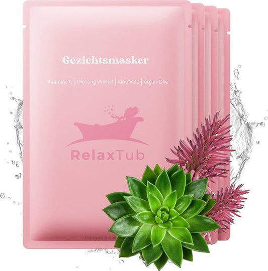 RelaxTub® Gezichtsmasker - 4 Stuks - Gezichtsmaskers Verzorging - Gezichtsmasker Hydraterend - Gezichtsverzorging Dames - Gezichtsmaskers Verzorging Meisjes - Bevat Vitamine C, Argan Olie, Aloë Vera, Ginseng Wortel - Dierproefvrij - 100% Natuurlijk