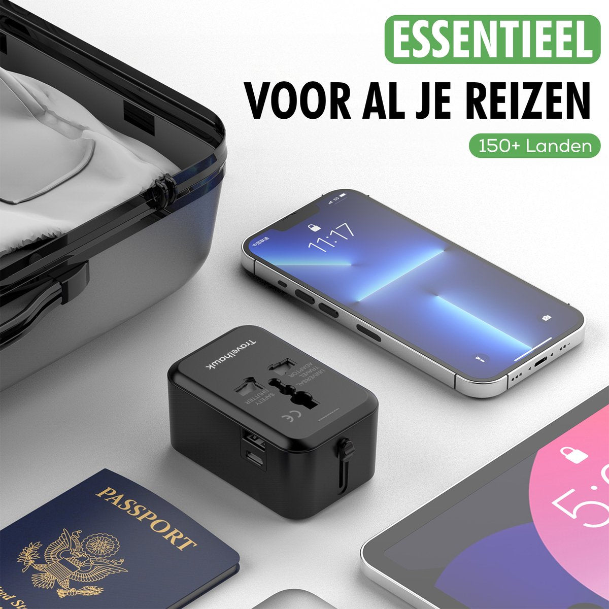 TravelHawk Universele Wereldstekker Zwart - USB-C & USB Poort - Voor 150+ Landen - Compact 7,5 x 5 x 3,5 cm