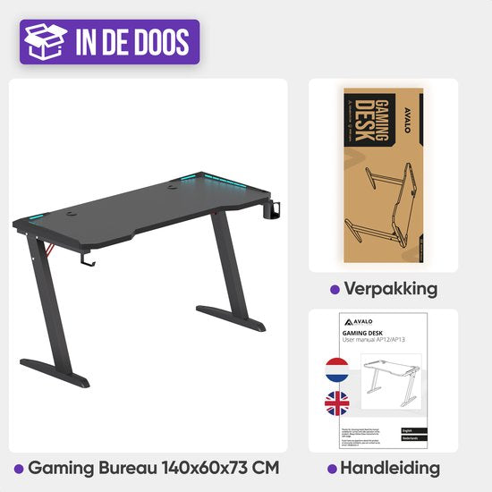Avalo Gaming Bureau - 140x60x73 CM - Game Desk Met LED Verlichting - Gaming Desk - Tafel - Zwart