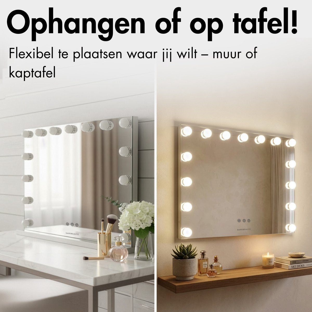 Sansbeauté® Hollywood Spiegel 58x43 cm - Make-up Spiegel - 15 LED Lampen - 10x Vergroting - Dimbaar - USB Oplaadpoort - Touch Control - Zwart