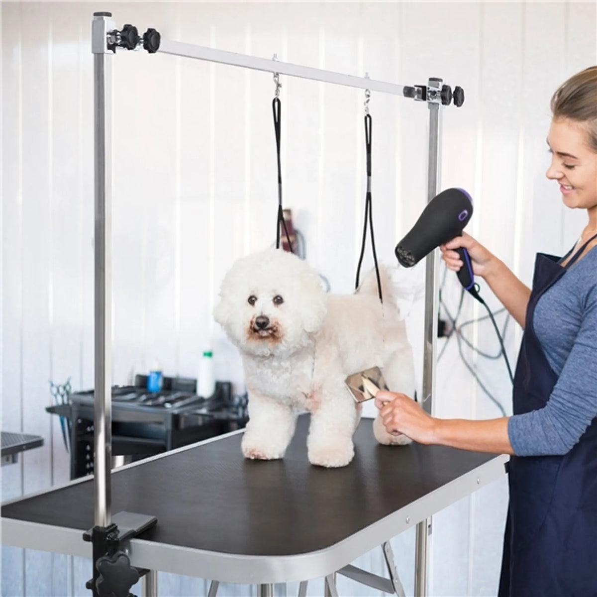 Yaheetech Trimtafel Met Dubbele Trimarmen – Voorzien Van Antislip Tafelblad En Opvouwbaar Frame En Gaasoppervlak Mandje – Voor Grote Honden En Katten – Zwart Metaal Kunstleer En Mdf – 118 x 60,9 x 177 cm