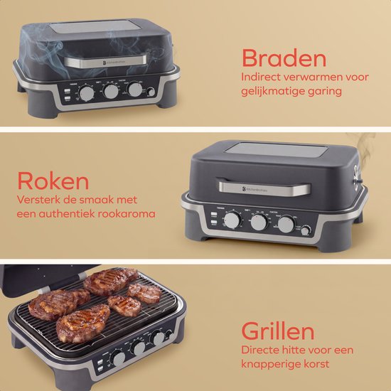 KitchenBrothers Elektrische BBQ en Smoker - Tafelmodel voor Balkon - 90°C tot 250°C - 2600W - Tafel BBQ - Met Kijkvenster