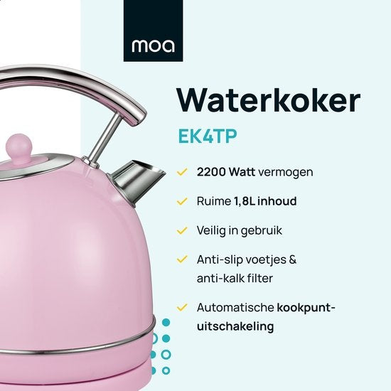 MOA Waterkoker Retro - 1.8L - RVS - BPA vrij - 2200W - 21.30x21.40x28.60 cm - Pastel roze