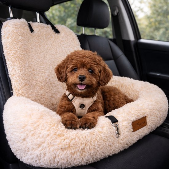 By Cee Cee Autostoel Hond Deluxe - Hondenmand Auto Met Veiligheidsriempje - Automand Hond - Hondenstoel - Autozitje - Beige - Maat S - Puck