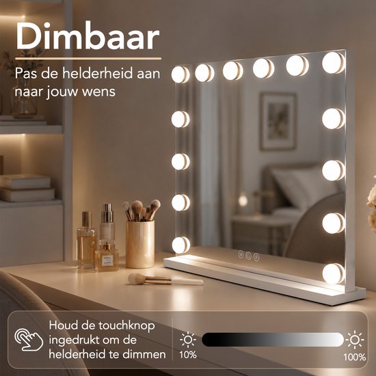 Lumirex Hollywood Spiegel 58x46 cm - Make-up Spiegel met Verlichting - 15 LED Lampen - Dimbaar - 3 Lichtkleuren - Smart Touch - Netstroom - Visagie Spiegel - Wit