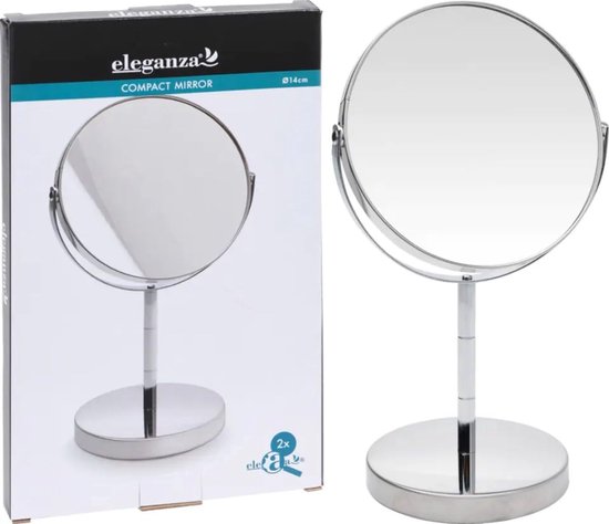 Make-up spiegel - zilver - rond - dubbelzijdig - 14 x 26 cm - Cosmeticaspiegels - Vergootspiegels