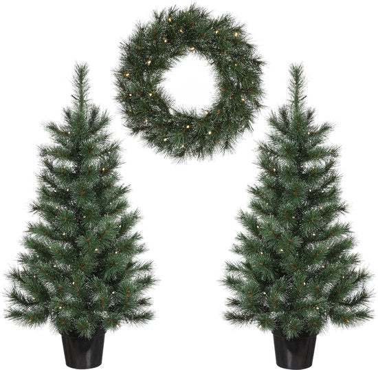 Black Box Trees Glendon - Set van 2 Kerstbomen en 1 Krans met LED Verlichting - Groen