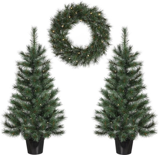 Black Box Trees Glendon - Set van 2 Kerstbomen en 1 Krans met LED Verlichting - Groen