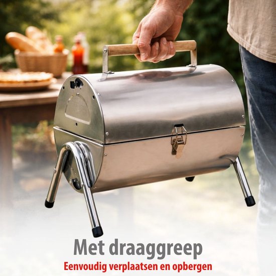 alpina Houtskool BBQ - Draagbare BBQ met Handgreep - Barbecue Camping met Ventilatie En Sluitclip - Houtskoolbarbecue Compact 38 x 30 x 19 cm - RVS