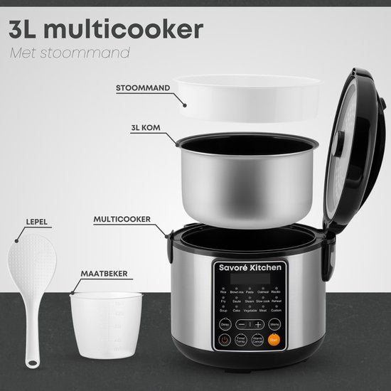 Savoré Kitchen Rijstkoker met Stomer – 3L – 14 Programma’s – Multicooker – Rice Cooker – Slowcooker – PFAS Vrij – Zwart RVS