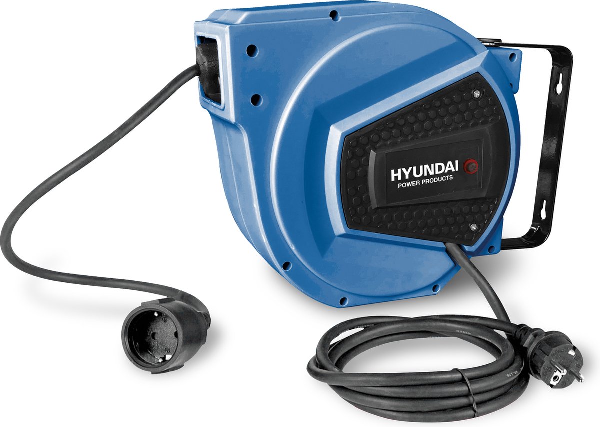 Hyundai wandkabelhaspel 15 m 3x1,5 mm² automatisch oprolbaar blauw – zwenkbare wandhouder – 3200 W