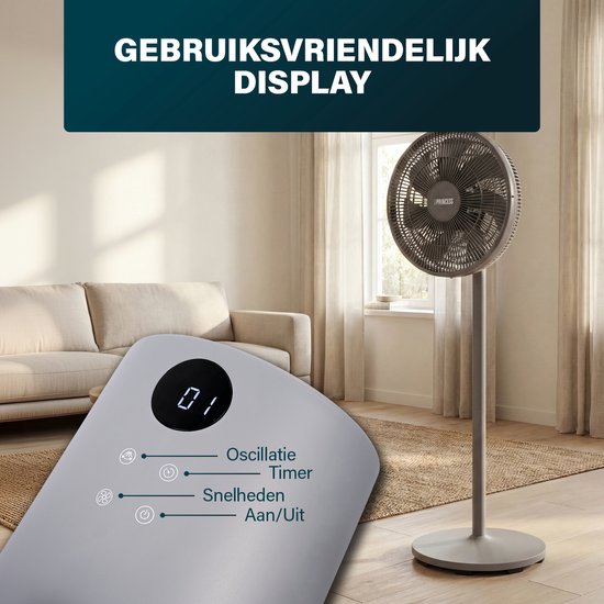 Princess DC Staande Ventilator – Extra Stil - ⌀44cm – 12 Snelheden – Oscillatie – Timer 1-8uur – Met Afstandsbediening – 30W – Grijs - 354822