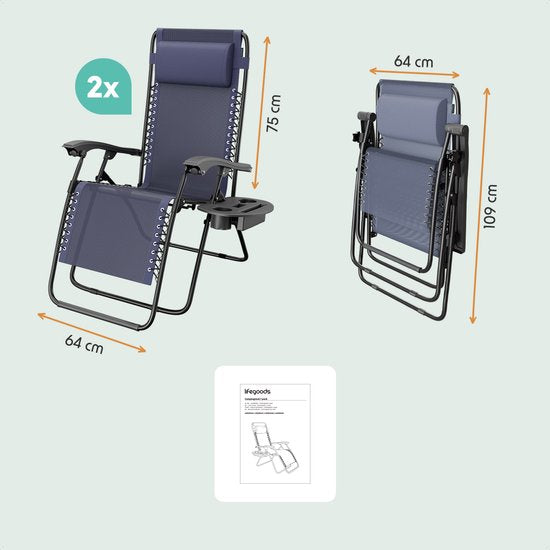 LifeGoods Opvouwbare Tuinstoelen - 2 Stuks - Ligstoel Tuin - 30°-90° Verstelbaar - Metaal - Blauw