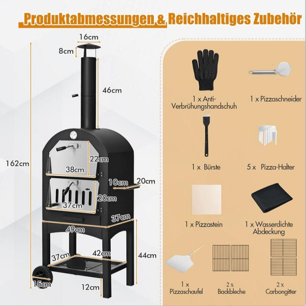 COAST Houtgestookte Outdoor Pizzaoven – Inclusief Pizzasteen en Schuif - Max. 350 ℃ - Zwart - 59 x 46 x 162 cm