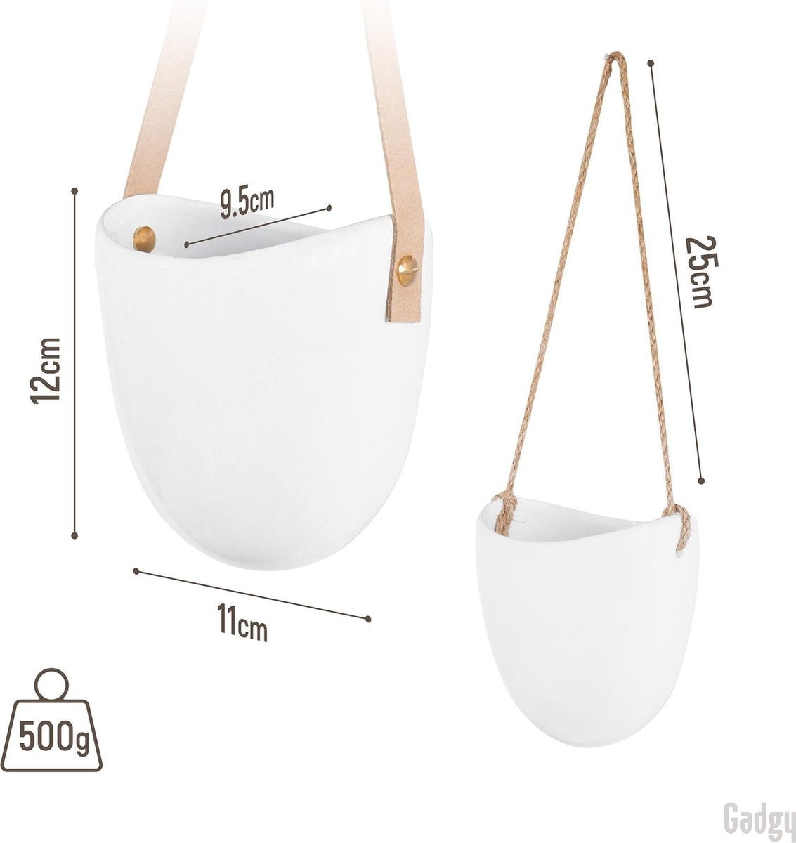 Gadgy Plantenhanger Keramiek – Set van 3 – Wit Steen- Hangpot – Hangende Bloempot Plantenpot - met 3 verschillende Koorden – 12 x 11 x 9.5 cm