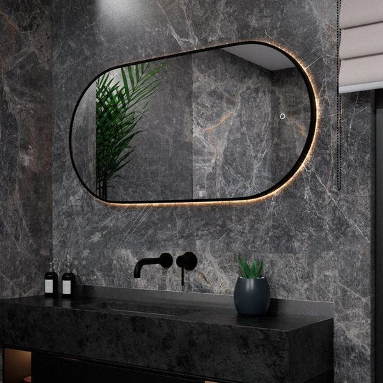 Mirlux Badkamerspiegel - LED Verlichting - Verwarming – Wandspiegel Ovaal – Zwart Frame - 120x60CM