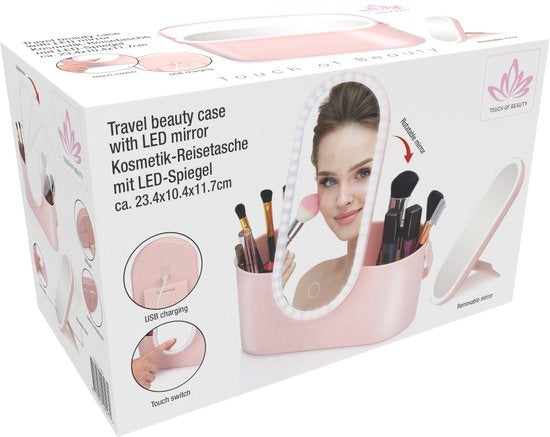 Touch Of Beauty Make Up Organizer met LED Spiegel - Reis Beautycase - 24,1 x 10,4 x 11,7CM - Verstelbaar LED-Licht - Incl. USB-Oplaadkabel - Kunststof - Roze