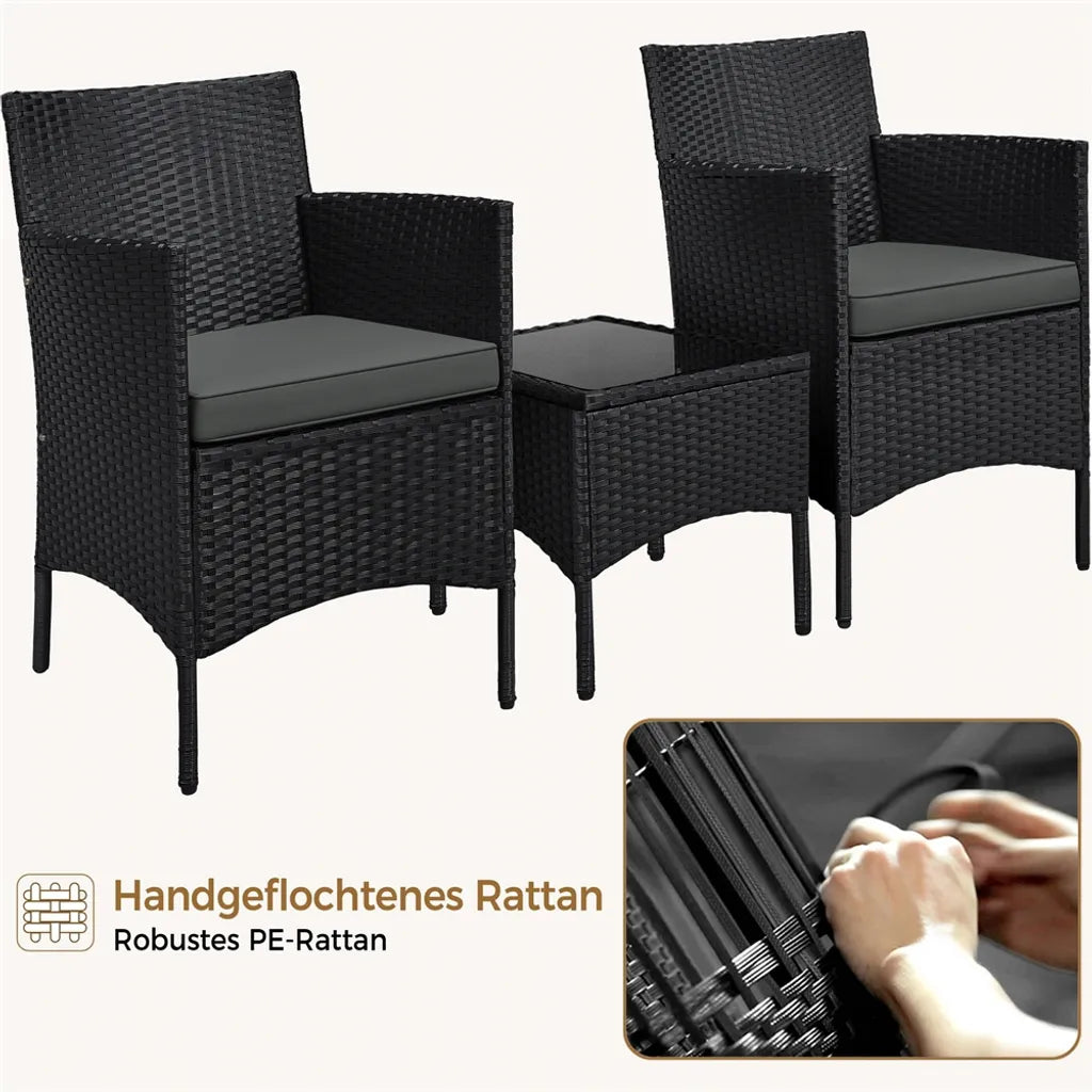 Yaheetech Tuinset 3-Delig - Rattan - Balkonset - Stoelen - Tafel Zwart/Grijs