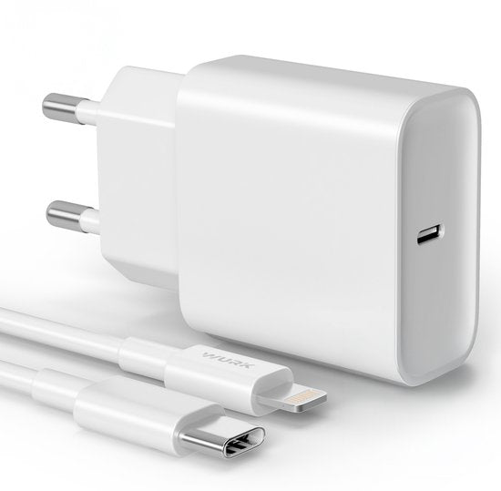 Wurk Snellader Geschikt voor Apple iPhone, iPad & Airpods - 20W Oplader - 1 Meter USB C naar Lightning Kabel - Lader Geschikt voor 14/13/12/11/Xr/Xs/Xs Max/8/8 Plus/ Pro