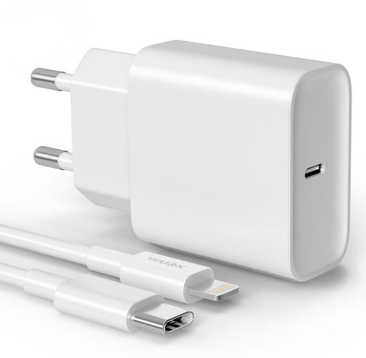 Wurk Snellader Geschikt voor Apple iPhone, iPad & Airpods - 20W Oplader - 1 Meter USB C naar Lightning Kabel - Lader Geschikt voor 14/13/12/11/Xr/Xs/Xs Max/8/8 Plus/ Pro
