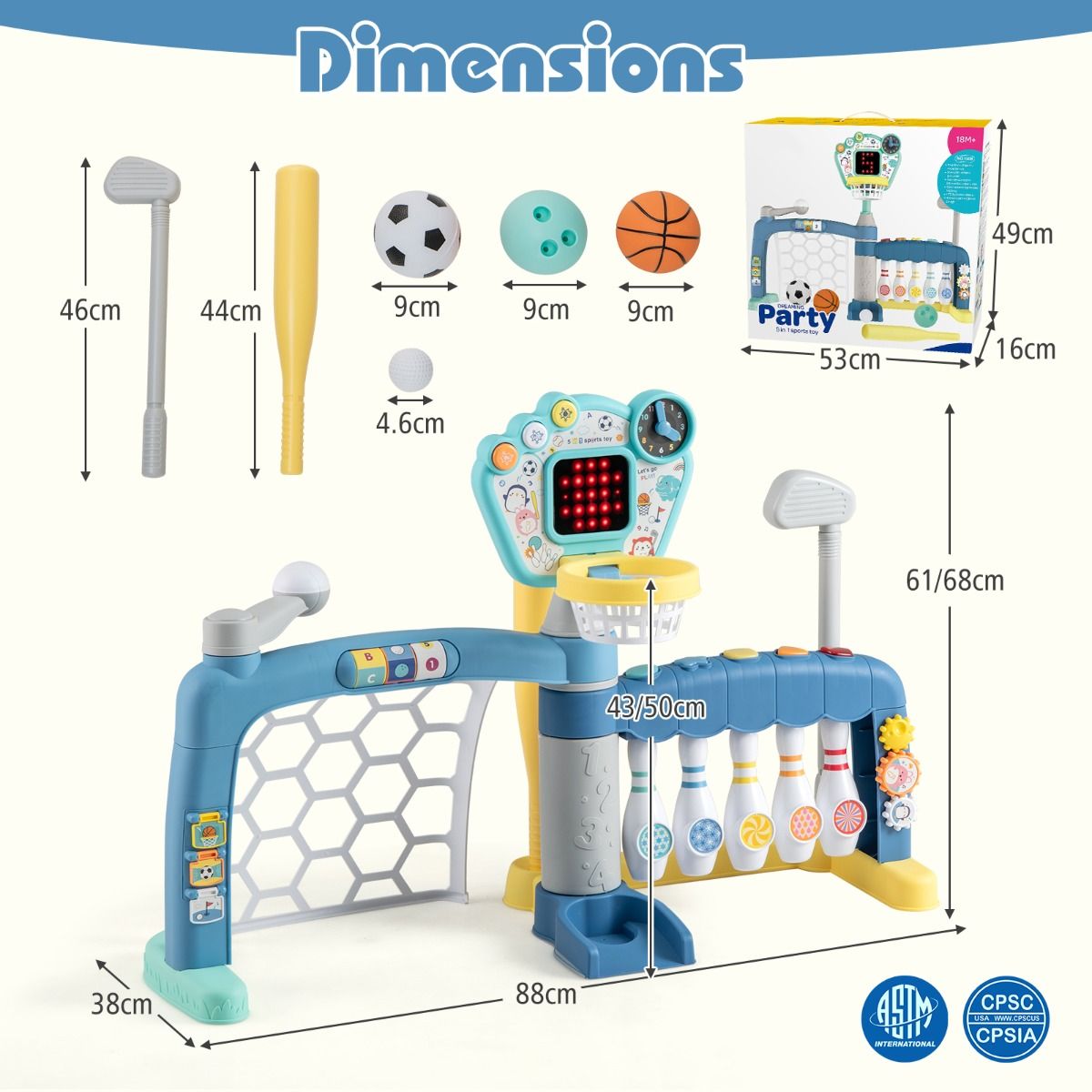 Coast 5-in-1 sportspeelgoed voor peuters - basketbalring, voetbaldoel, golf, bowlen, honkbal - multicolor