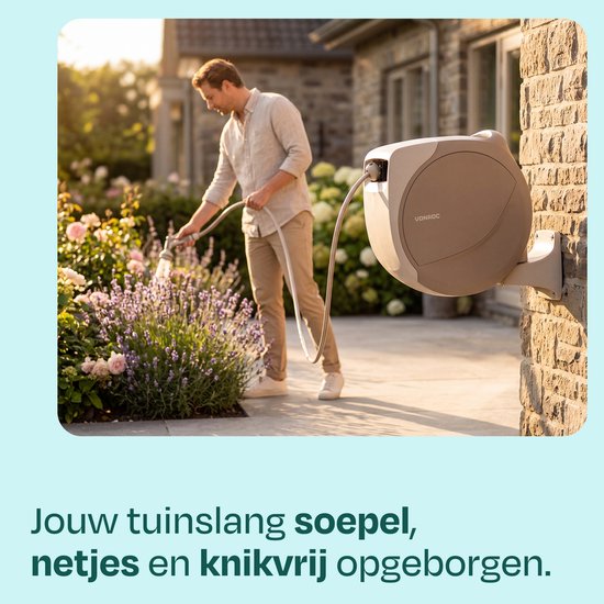 VONROC Automatische slanghaspel – wandslangbox – Incl. 20m premium tuinslang, 8-standen broespistool en koppelingen – beige